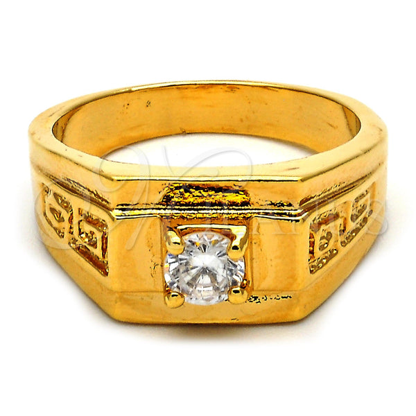 Oro Laminado Mens Ring, Gold Filled Style Solitaire and Greek Key Design, with White Cubic Zirconia, Diamond Cutting Finish, Golden Finish, 5.175.026.07 (Size 7)