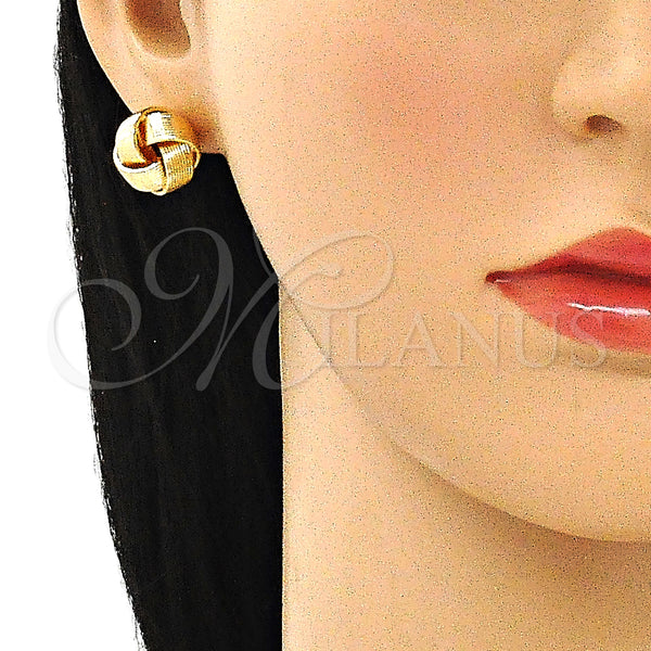 Oro Laminado Stud Earring, Gold Filled Style Love Knot Design, Diamond Cutting Finish, Golden Finish, 02.63.2378