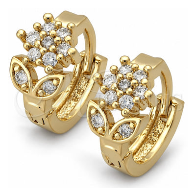 Oro Laminado Huggie Hoop, Gold Filled Style Flower Design, with White Cubic Zirconia, Polished, Golden Finish, 5.130.035.2
