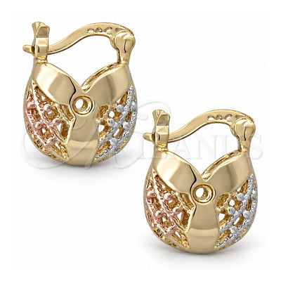 Oro Laminado Small Hoop, Gold Filled Style Filigree and Flower Design, Polished, Tricolor, 5.145.013.1