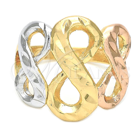 Oro Laminado Elegant Ring, Gold Filled Style Infinite Design, Diamond Cutting Finish, Tricolor, 5.175.006.07 (Size 7)