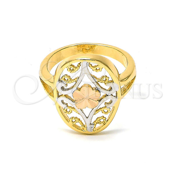 Oro Laminado Elegant Ring, Gold Filled Style Flower and Filigree Design, Diamond Cutting Finish, Tricolor for wholesale, main product view