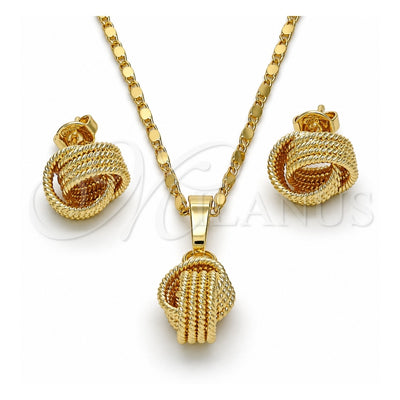 Oro Laminado Earring and Pendant Adult Set, Gold Filled Style Love Knot and Twist Design, Diamond Cutting Finish, Golden Finish, 10.63.0514