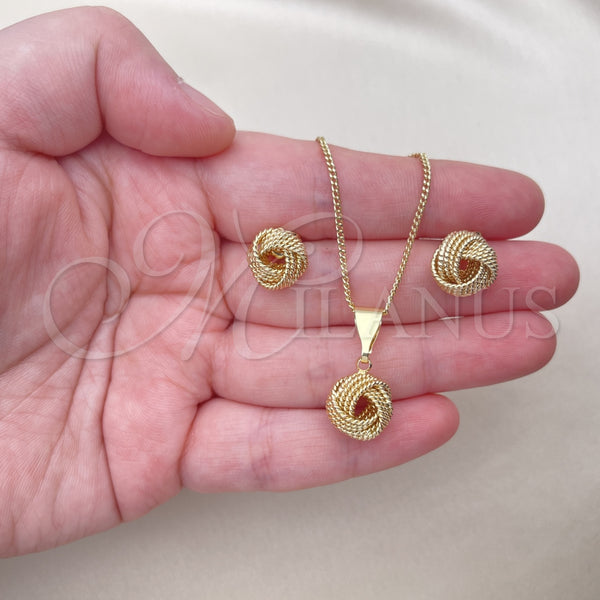 Oro Laminado Earring and Pendant Adult Set, Gold Filled Style Love Knot and Twist Design, Diamond Cutting Finish, Golden Finish, 10.63.0522