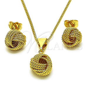 Oro Laminado Earring and Pendant Adult Set, Gold Filled Style Love Knot and Twist Design, Diamond Cutting Finish, Golden Finish, 10.63.0522