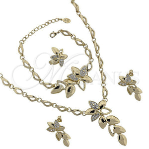Oro Laminado Necklace, Bracelet, Earring and Ring, Gold Filled Style Flower Design, with White Crystal, Polished, Golden Finish, 06.191.0016