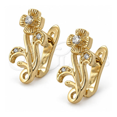 Oro Laminado Huggie Hoop, Gold Filled Style Flower Design, with White Cubic Zirconia, Polished, Golden Finish, 02.155.0055