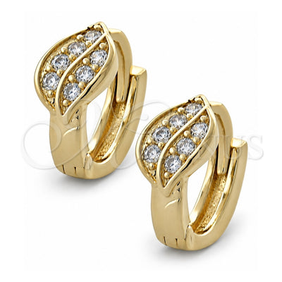 Oro Laminado Huggie Hoop, Gold Filled Style Leaf Design, with White Cubic Zirconia, Polished, Golden Finish, 02.155.0036