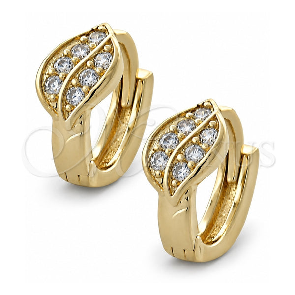 Oro Laminado Huggie Hoop, Gold Filled Style Leaf Design, with White Cubic Zirconia, Polished, Golden Finish, 02.155.0036