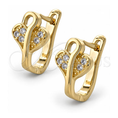 Oro Laminado Huggie Hoop, Gold Filled Style Heart Design, with White Micro Pave, Polished, Golden Finish, 02.155.0057