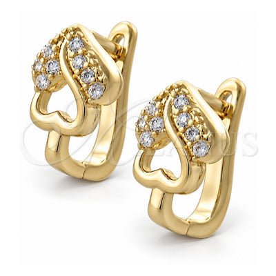 Oro Laminado Huggie Hoop, Gold Filled Style Heart Design, with White Cubic Zirconia, Polished, Golden Finish, 02.155.0056