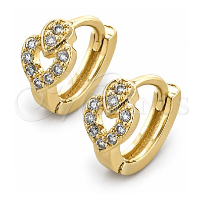 Oro Laminado Huggie Hoop, Gold Filled Style Heart Design, with White Cubic Zirconia, Polished, Golden Finish, 02.155.0044