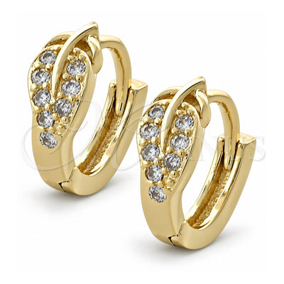 Oro Laminado Huggie Hoop, Gold Filled Style Leaf Design, with White Cubic Zirconia, Polished, Golden Finish, 02.155.0050