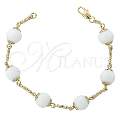 Oro Laminado Fancy Bracelet, Gold Filled Style Ball Design, with White Opal, Polished, Golden Finish, 03.63.1158.07 (8 Inches Length)