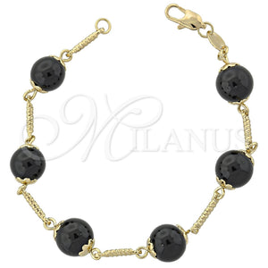 Oro Laminado Fancy Bracelet, Gold Filled Style Ball Design, with Black Opal, Diamond Cutting Finish, Golden Finish, 03.63.1159.07 (8 Inches Length)