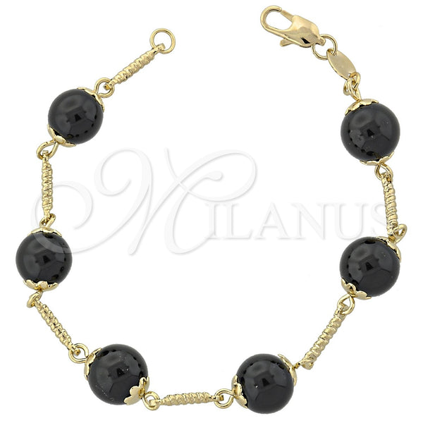Oro Laminado Fancy Bracelet, Gold Filled Style Ball Design, with Black Opal, Diamond Cutting Finish, Golden Finish, 03.63.1159.07 (8 Inches Length)