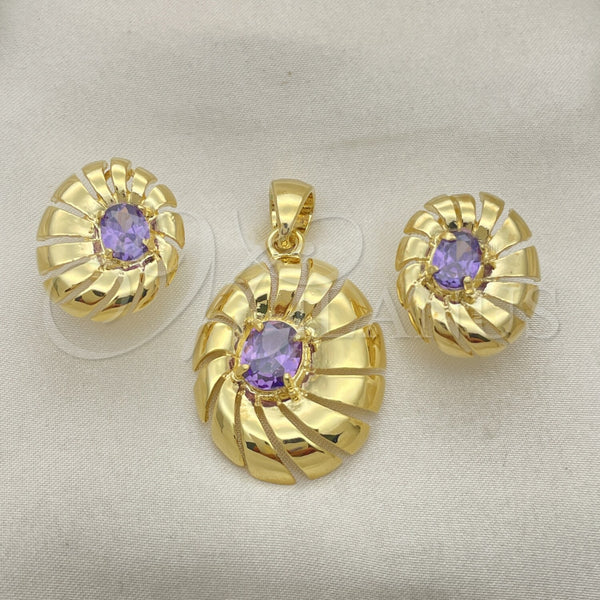 Oro Laminado Earring and Pendant Adult Set, Gold Filled Style with Amethyst Cubic Zirconia, Polished, Golden Finish, 5.046.004.4