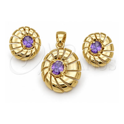 Oro Laminado Earring and Pendant Adult Set, Gold Filled Style with Amethyst Cubic Zirconia, Polished, Golden Finish, 5.046.004.4