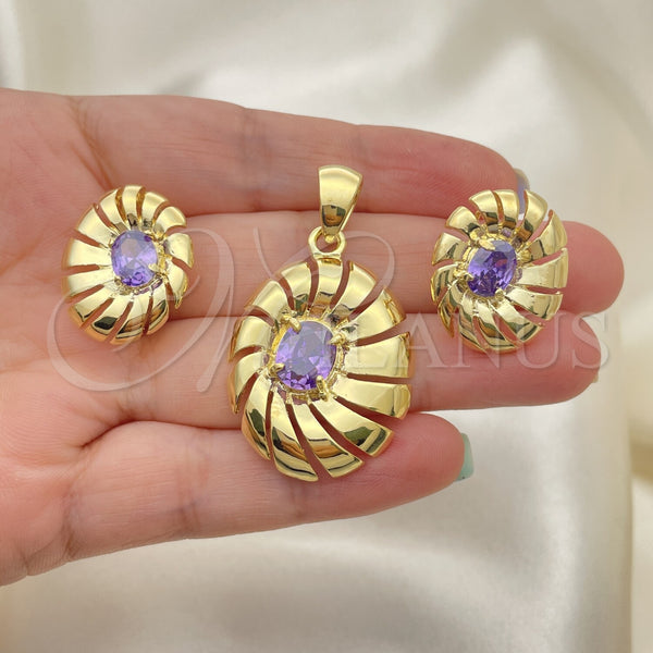 Oro Laminado Earring and Pendant Adult Set, Gold Filled Style with Amethyst Cubic Zirconia, Polished, Golden Finish, 5.046.004.4