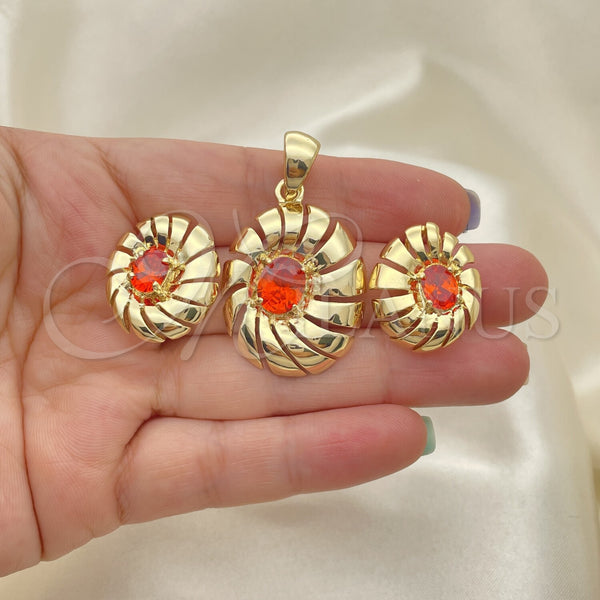 Oro Laminado Earring and Pendant Adult Set, Gold Filled Style with Orange Red Cubic Zirconia, Polished, Golden Finish, 5.046.004.1
