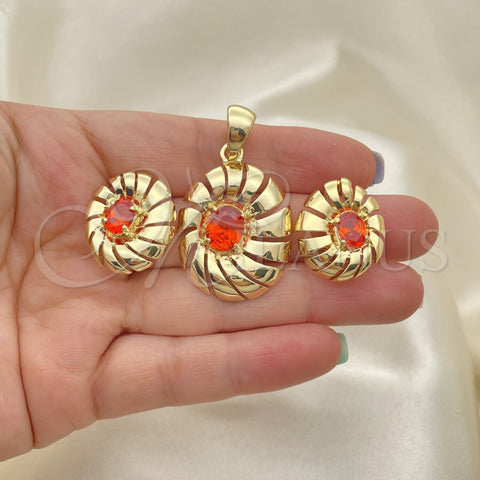Oro Laminado Earring and Pendant Adult Set, Gold Filled Style with Orange Red Cubic Zirconia, Polished, Golden Finish, 5.046.004.1