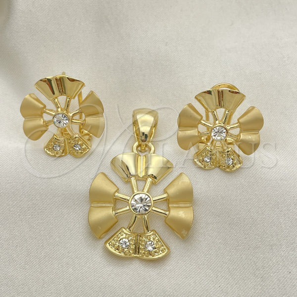 Oro Laminado Earring and Pendant Adult Set, Gold Filled Style Flower Design, with White Crystal, Matte Finish, Golden Finish, 10.59.0089
