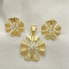Oro Laminado Earring and Pendant Adult Set, Gold Filled Style Flower Design, with White Crystal, Matte Finish, Golden Finish, 10.59.0089