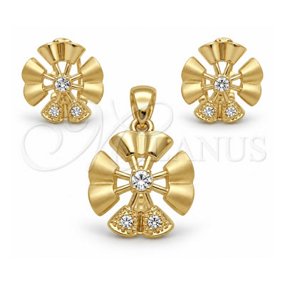 Oro Laminado Earring and Pendant Adult Set, Gold Filled Style Flower Design, with White Crystal, Matte Finish, Golden Finish, 10.59.0089
