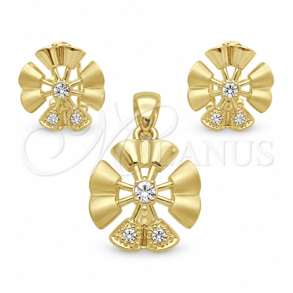 Oro Laminado Earring and Pendant Adult Set, Gold Filled Style Flower Design, with White Crystal, Matte Finish for wholesale, main product view