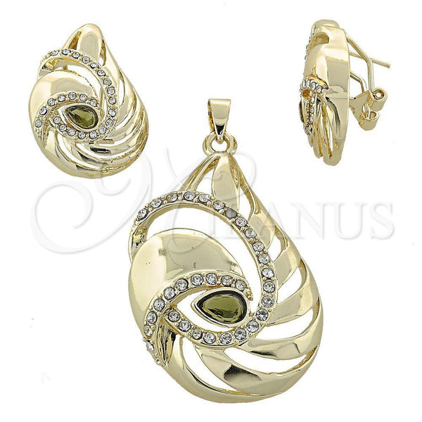 Oro Laminado Earring and Pendant Adult Set, Gold Filled Style with White Crystal, Polished, Golden Finish, 10.59.0093
