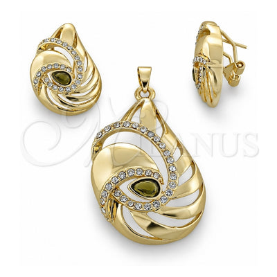 Oro Laminado Earring and Pendant Adult Set, Gold Filled Style with White Crystal, Polished, Golden Finish, 10.59.0093