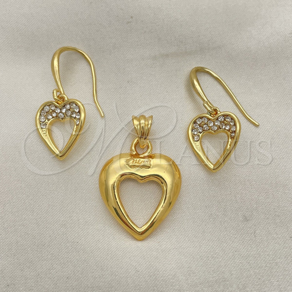 Oro Laminado Earring and Pendant Adult Set, Gold Filled Style Heart Design, with White Crystal, Polished, Golden Finish, 10.59.0109