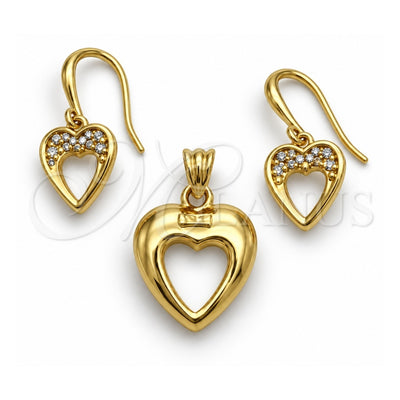 Oro Laminado Earring and Pendant Adult Set, Gold Filled Style Heart Design, with White Crystal, Polished, Golden Finish, 10.59.0109