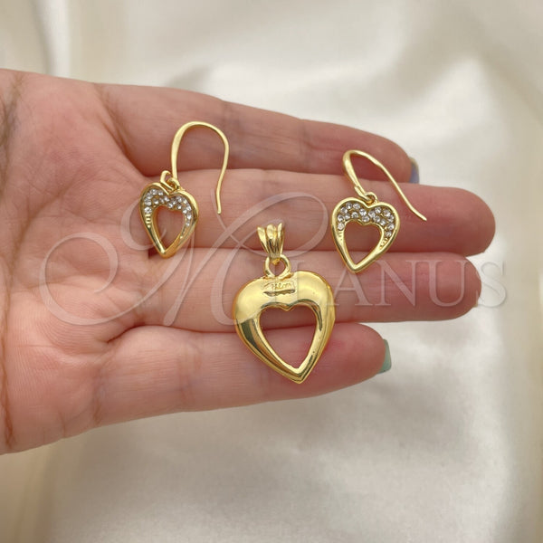 Oro Laminado Earring and Pendant Adult Set, Gold Filled Style Heart Design, with White Crystal, Polished, Golden Finish, 10.59.0109