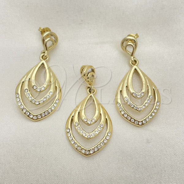 Oro Laminado Earring and Pendant Adult Set, Gold Filled Style Teardrop Design, with White Crystal, Polished, Golden Finish, 10.59.0108