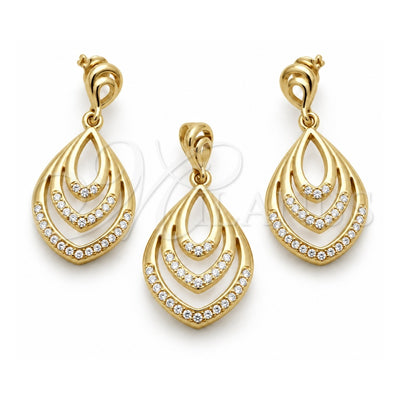 Oro Laminado Earring and Pendant Adult Set, Gold Filled Style Teardrop Design, with White Crystal, Polished, Golden Finish, 10.59.0108