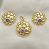 Oro Laminado Earring and Pendant Adult Set, Gold Filled Style with Amethyst and White Crystal, Polished, Golden Finish, 10.59.0104