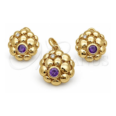 Oro Laminado Earring and Pendant Adult Set, Gold Filled Style with Amethyst and White Crystal, Polished, Golden Finish, 10.59.0104