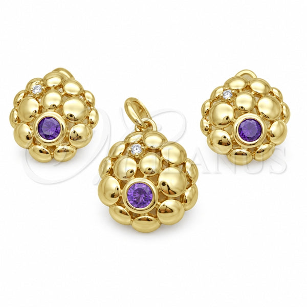 Oro Laminado Earring and Pendant Adult Set, Gold Filled Style with Amethyst and White Crystal, Polished, Golden Finish, 10.59.0104