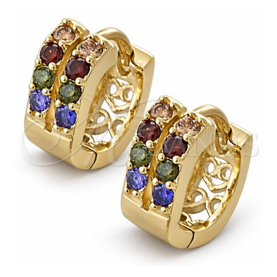 Oro Laminado Huggie Hoop, Gold Filled Style Heart Design, with Multicolor Cubic Zirconia, Polished, Golden Finish, 02.97.0105.1