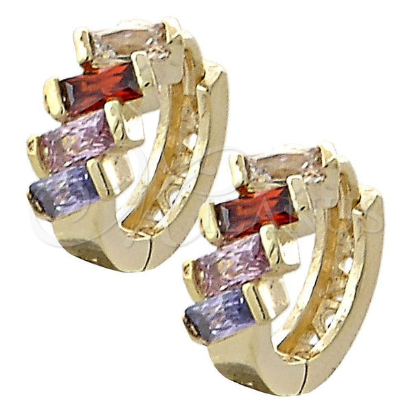 Oro Laminado Huggie Hoop, Gold Filled Style Baguette Design, with Multicolor Cubic Zirconia, Polished, Golden Finish, 02.97.0103.1