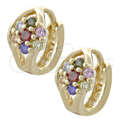 Oro Laminado Huggie Hoop, Gold Filled Style Flower Design, with Multicolor Cubic Zirconia, Polished, Golden for wholesale, main product view