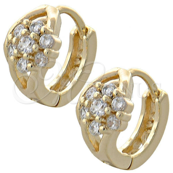 Oro Laminado Huggie Hoop, Gold Filled Style Flower Design, with White Cubic Zirconia, Polished, Golden Finish, 02.97.0093