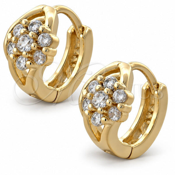 Oro Laminado Huggie Hoop, Gold Filled Style Flower Design, with White Cubic Zirconia, Polished, Golden Finish, 02.97.0093