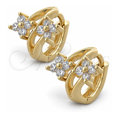 Oro Laminado Huggie Hoop, Gold Filled Style Flower Design, with White Cubic Zirconia, Polished, Golden Finish, 02.97.0106