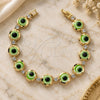 Oro Laminado Fancy Bracelet, Gold Filled Style Evil Eye Design, with White Cubic Zirconia, Green Resin Finish, Golden Finish, 03.151.0001 (7 Inches Length)