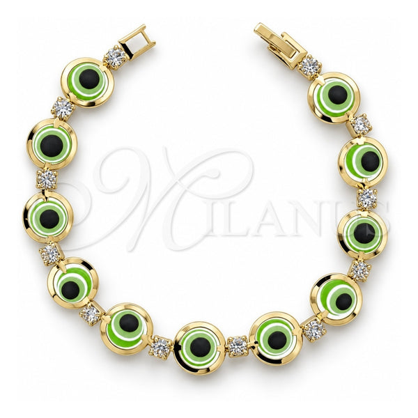 Oro Laminado Fancy Bracelet, Gold Filled Style Evil Eye Design, with White Cubic Zirconia, Green Resin Finish, Golden Finish, 03.151.0001 (7 Inches Length)