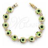 Oro Laminado Fancy Bracelet, Gold Filled Style Evil Eye Design, with White Cubic Zirconia, Green Resin Finish, Golden Finish, 03.151.0001 (7 Inches Length)