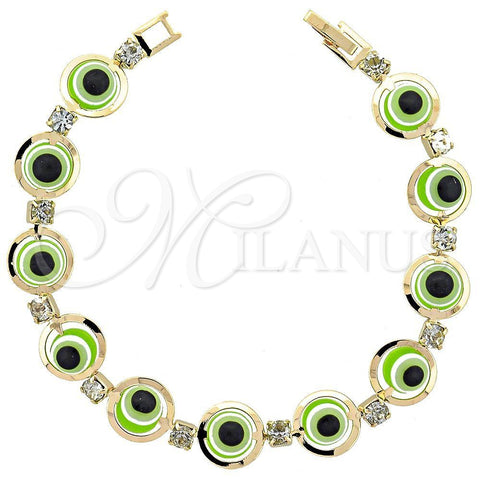 Oro Laminado Fancy Bracelet, Gold Filled Style Evil Eye Design, with White Cubic Zirconia, Green Resin Finish, Golden Finish, 03.151.0001 (7 Inches Length)