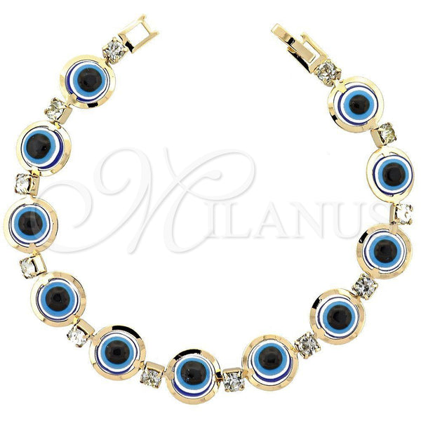 Oro Laminado Fancy Bracelet, Gold Filled Style Evil Eye Design, with White Cubic Zirconia, Blue Resin Finish, Golden Finish, 03.151.0002 (7 Inches Length)